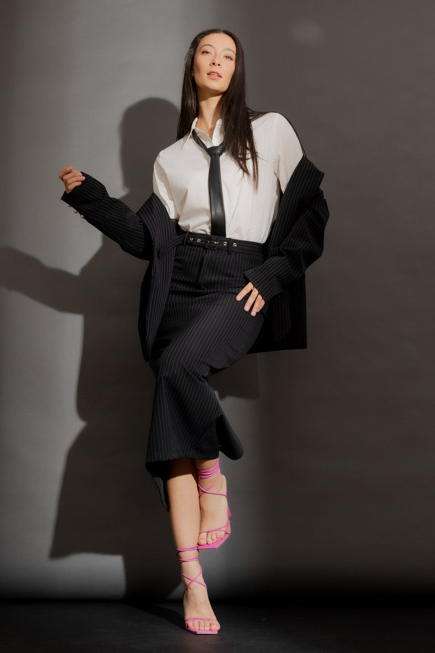 Black Stripe Belted Skirt Black Stripe
