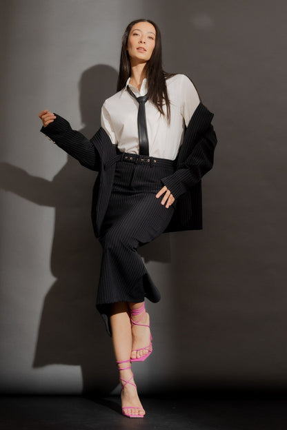 Black Stripe Belted Skirt Black Stripe