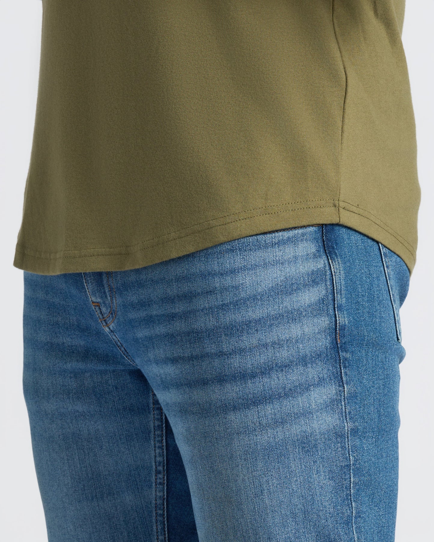 Military Green Curved Hem Classic Crew Neck