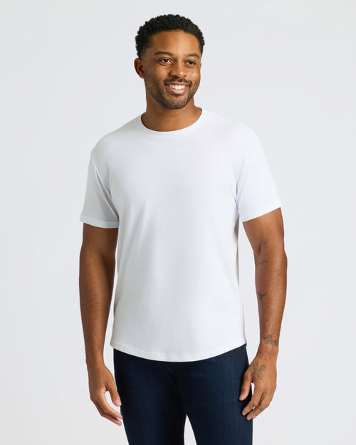 White Curved Hem Classic Crew Neck