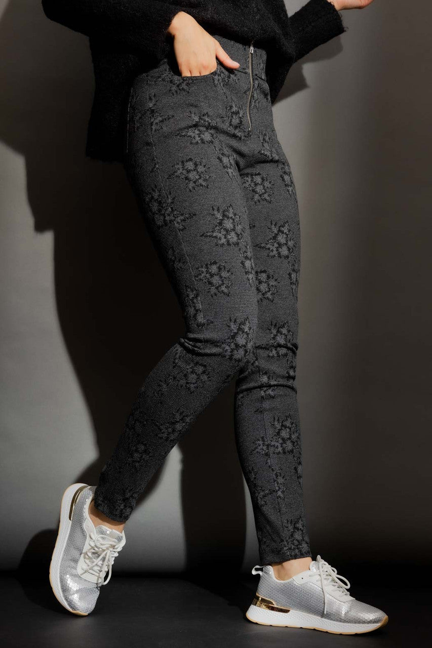 Charcoal Floral High Waist Zip Pant