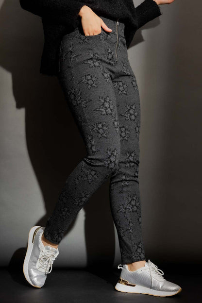 Charcoal Floral High Waist Zip Pant