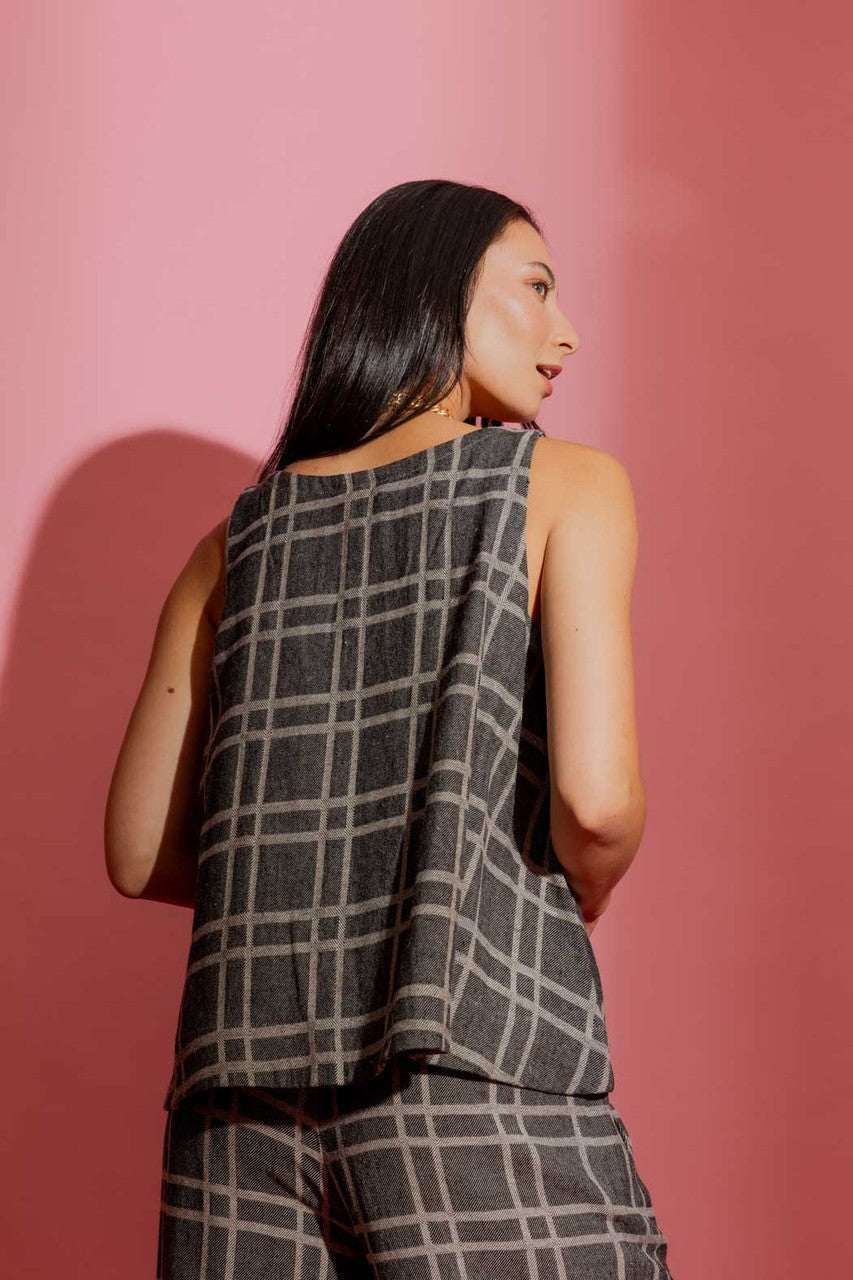 Black Check Linen Bell Top