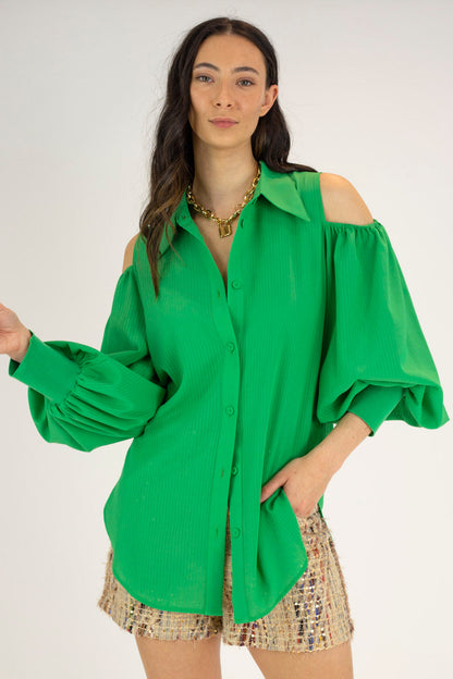 Bright Green Chiffon Open Shoulder Shirt - Final Sale