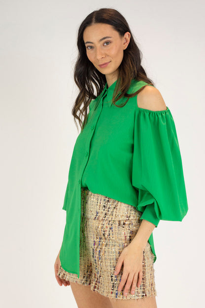 Bright Green Chiffon Open Shoulder Shirt - Final Sale