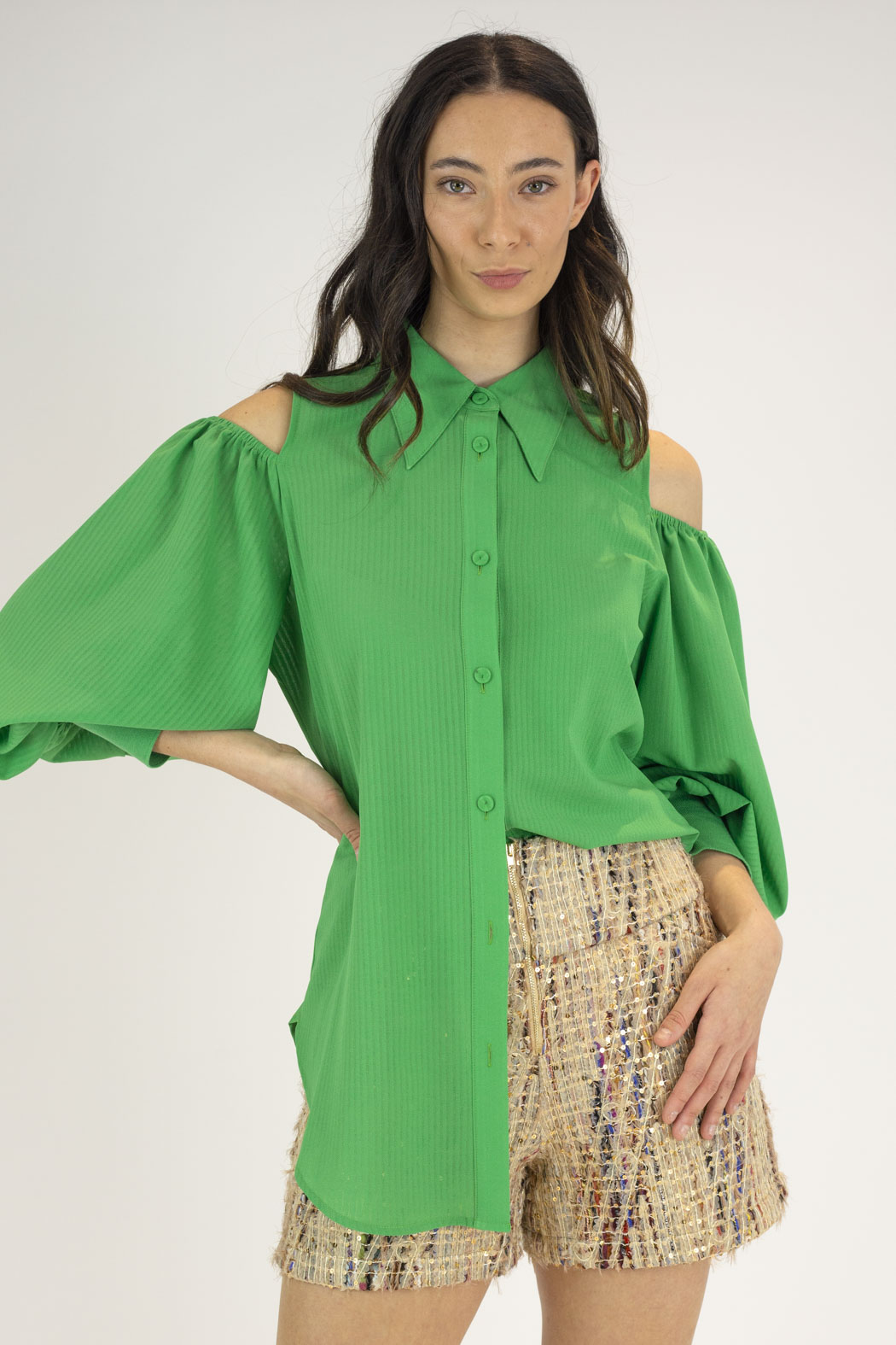 Bright Green Chiffon Open Shoulder Shirt - Final Sale