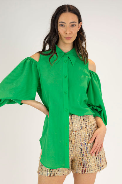 Bright Green Chiffon Open Shoulder Shirt - Final Sale