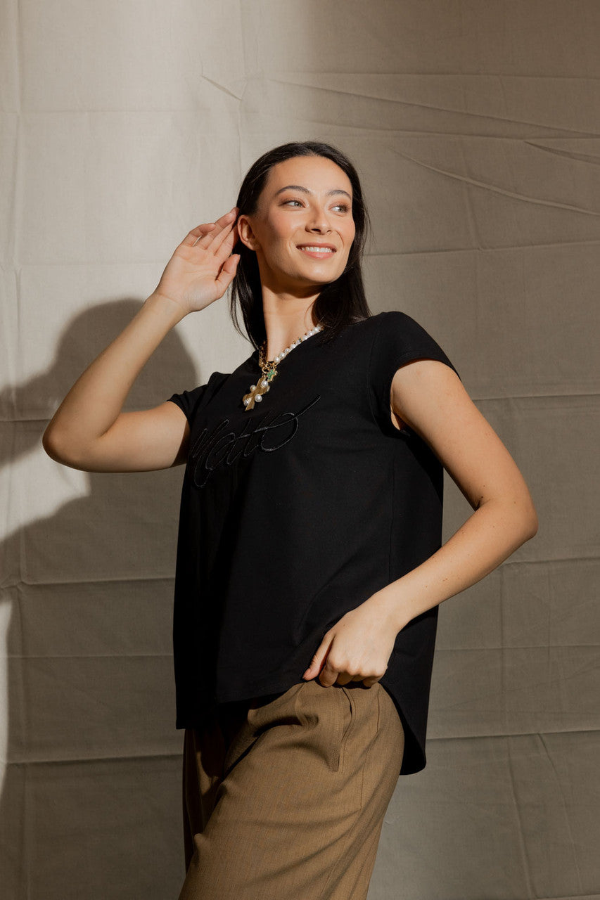 Black Motto Embroidered T Shirt