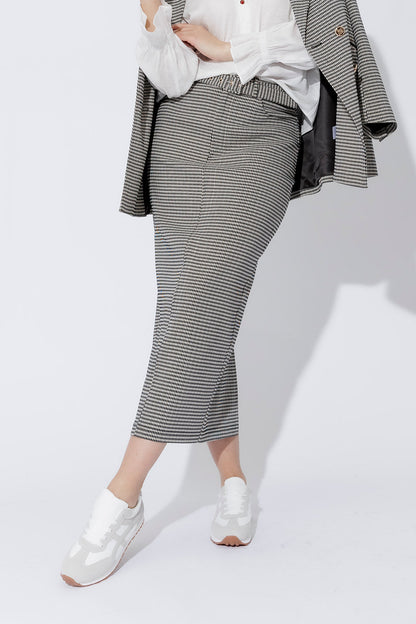 Black/White Lurex Belted Midi Skirt