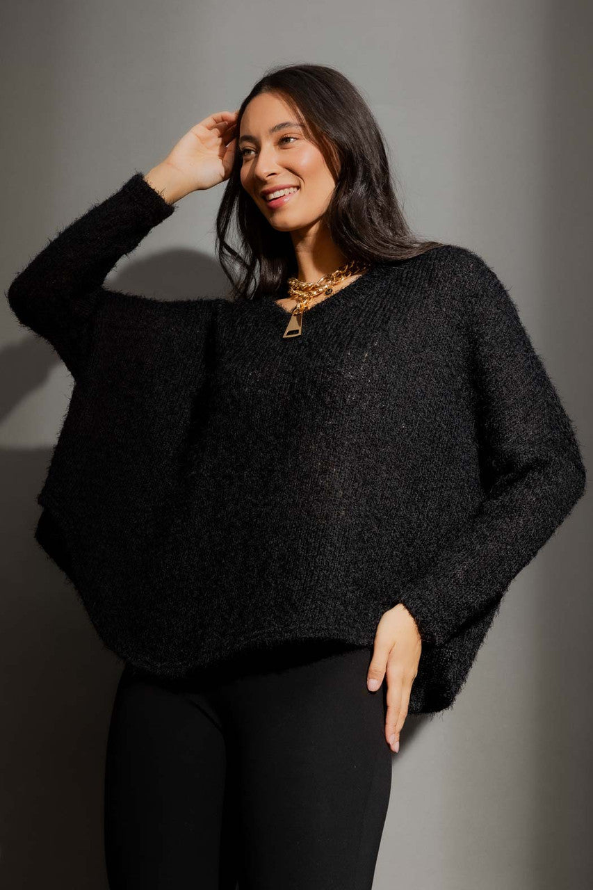 Black Fluffy V Neck Jumper