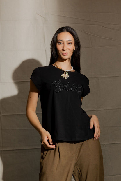 Black Motto Embroidered T Shirt