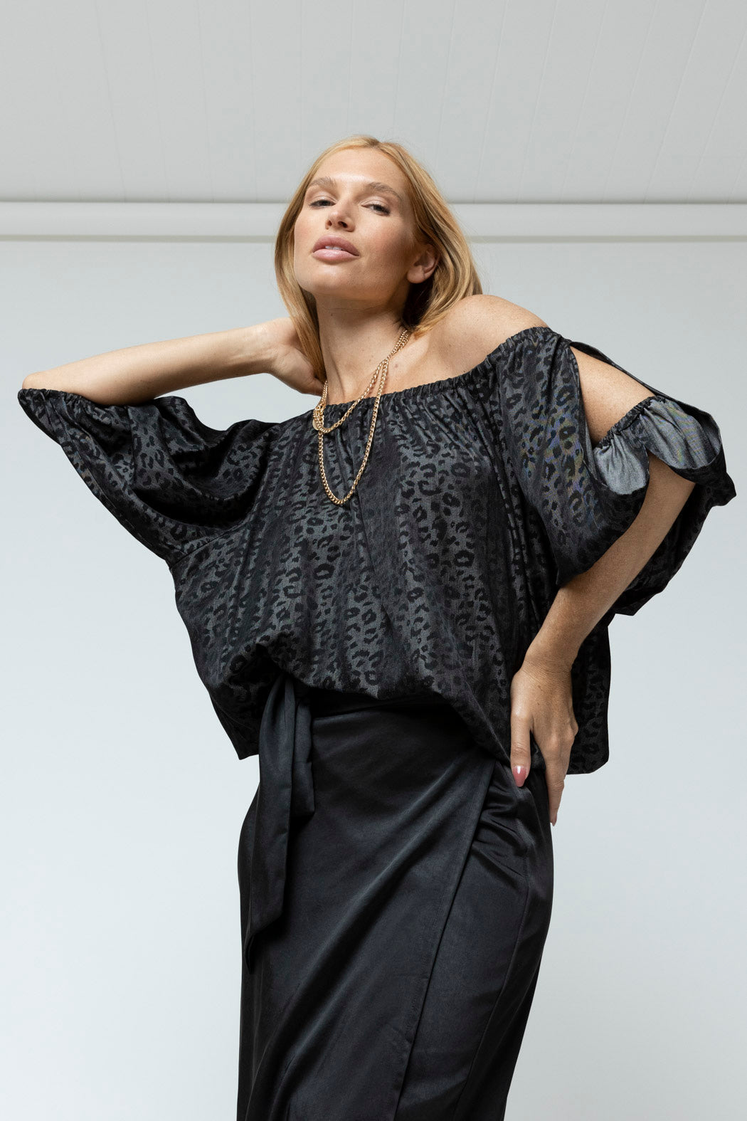 Black Animal Chambray Balloon Top - Sale