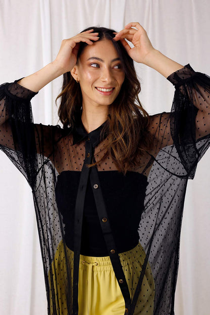Black Pinspot Mesh Maxi Shirt - SALE