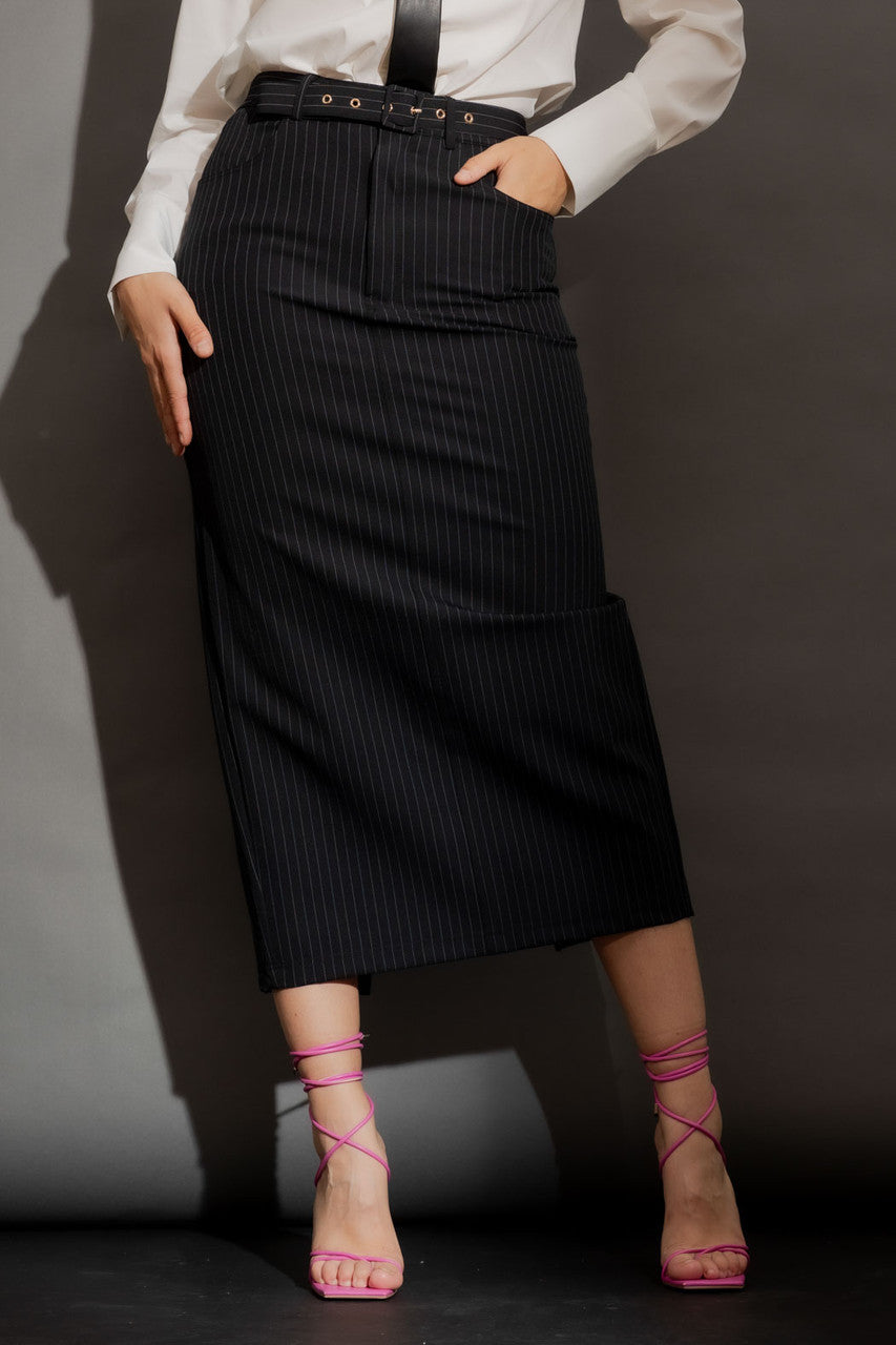 Black Stripe Belted Skirt Black Stripe