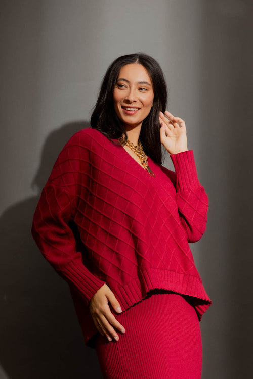 Berry Diamond V Neck Jumper Berry S/M