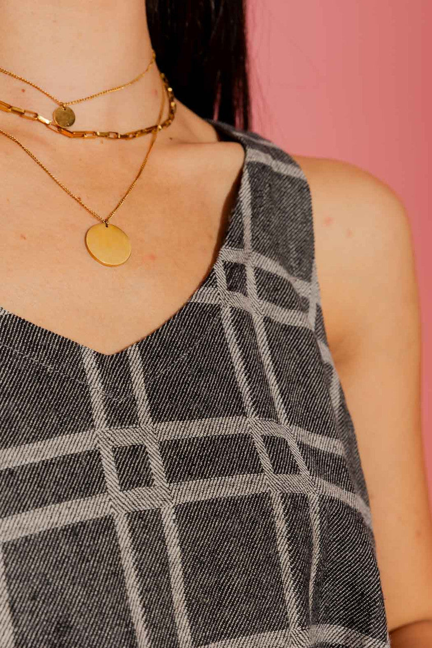 Black Check Linen Bell Top