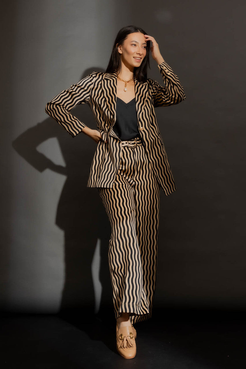 Beige/Black Wave Print Blazer Beige/Black Wave