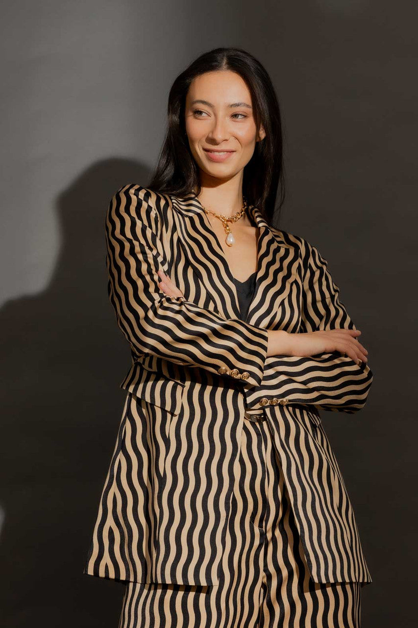 Beige/Black Wave Print Blazer Beige/Black Wave